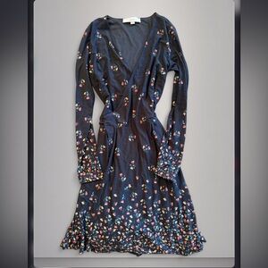 LOFT Navy Floral Long-Sleeve Wrap Dress